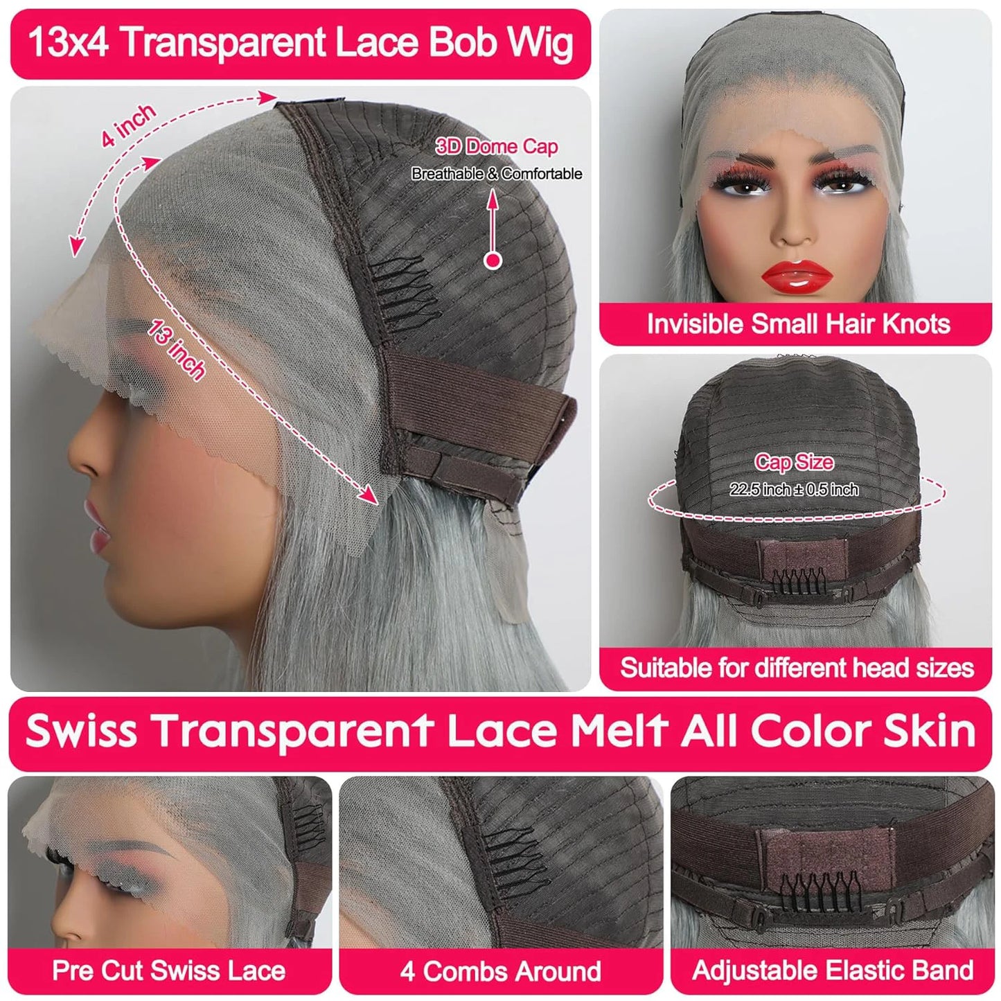 Grey Bob Wig 13x4 Lace Front Wig Cap | KimWig.com