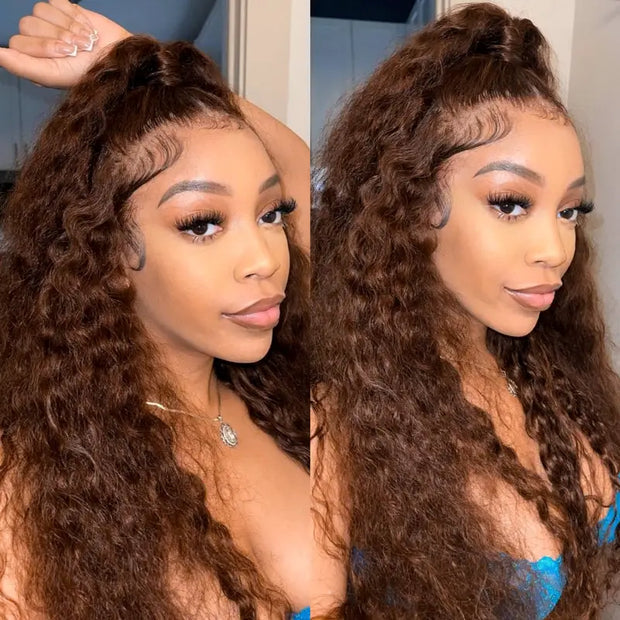 Chocolate Brown Invisible Strap 360 Lace Wig Water Wave - KimWig