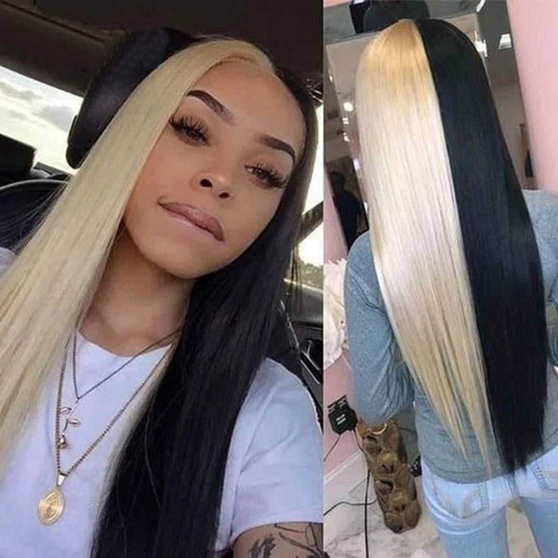 Cruella Half 613 Blonde Half Black Hair Wig Straight Human Hair Lace Front Wigs | KimWig.com