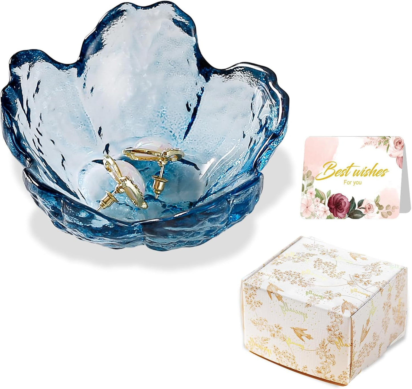 Blue Flower Jewelry Dish Glass Ring Holder Dish Jewelry Tray Cute Vanity Organizer