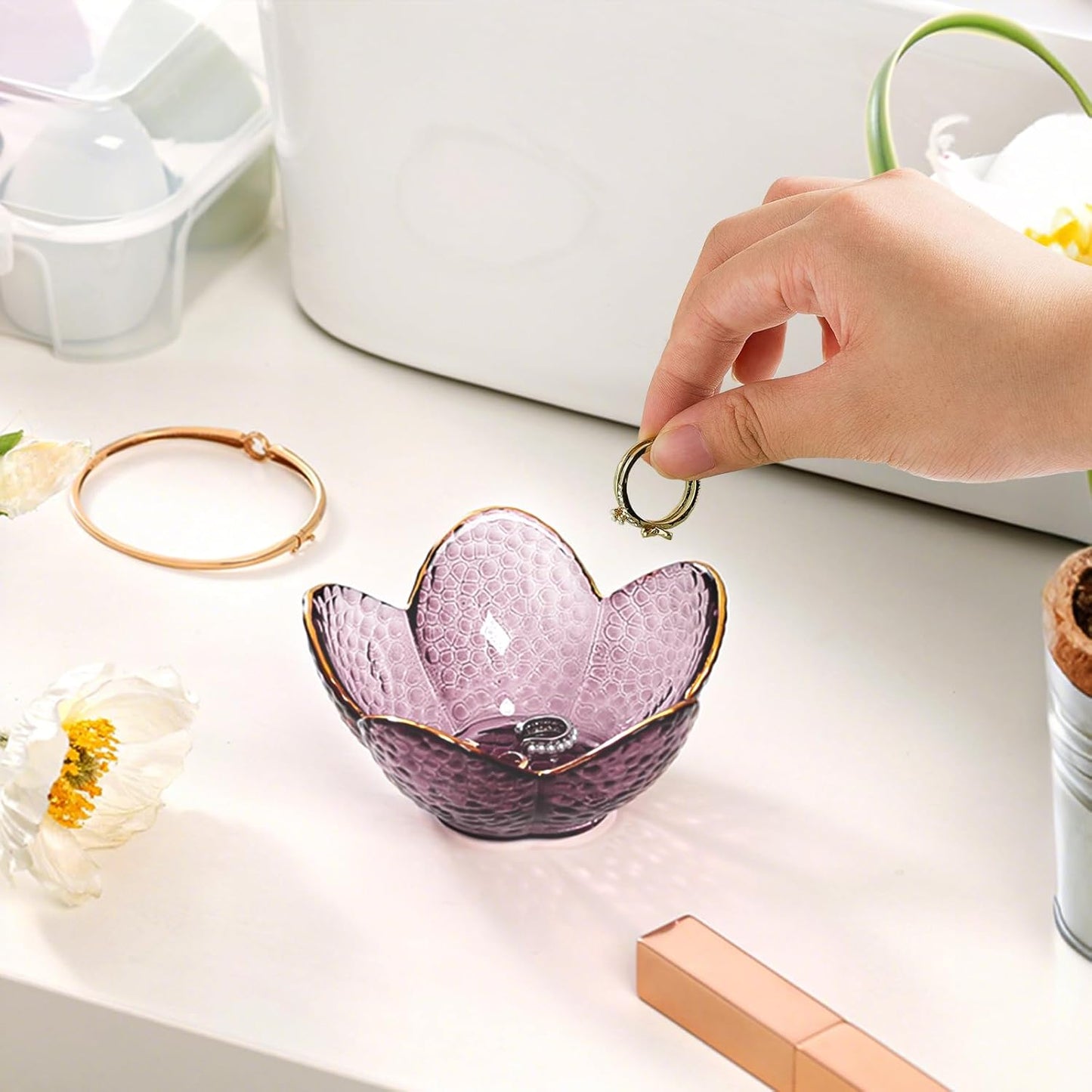 Purple Flower Jewelry Dish Glass Ring Holder Dish Jewelry Tray Cute Vanity Organizer