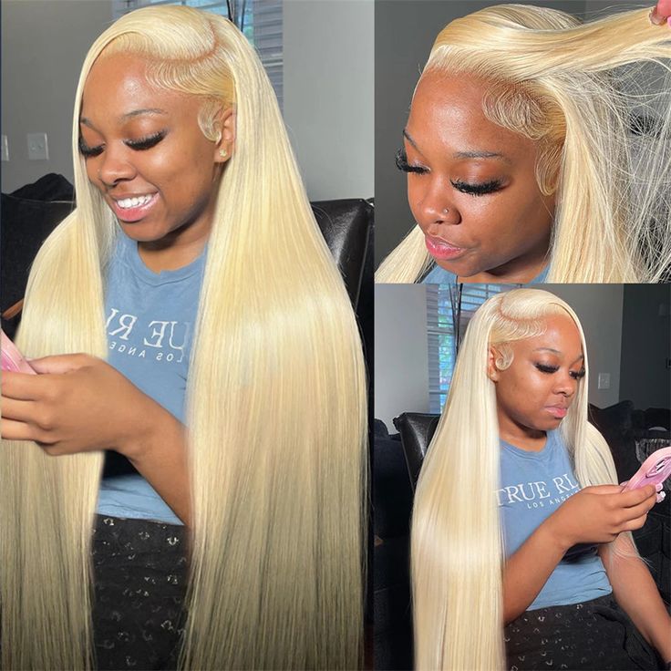 kimwig 13x6 full lace frontal wig bone straight 613 honey blonde human hair wig was installed on a black girl