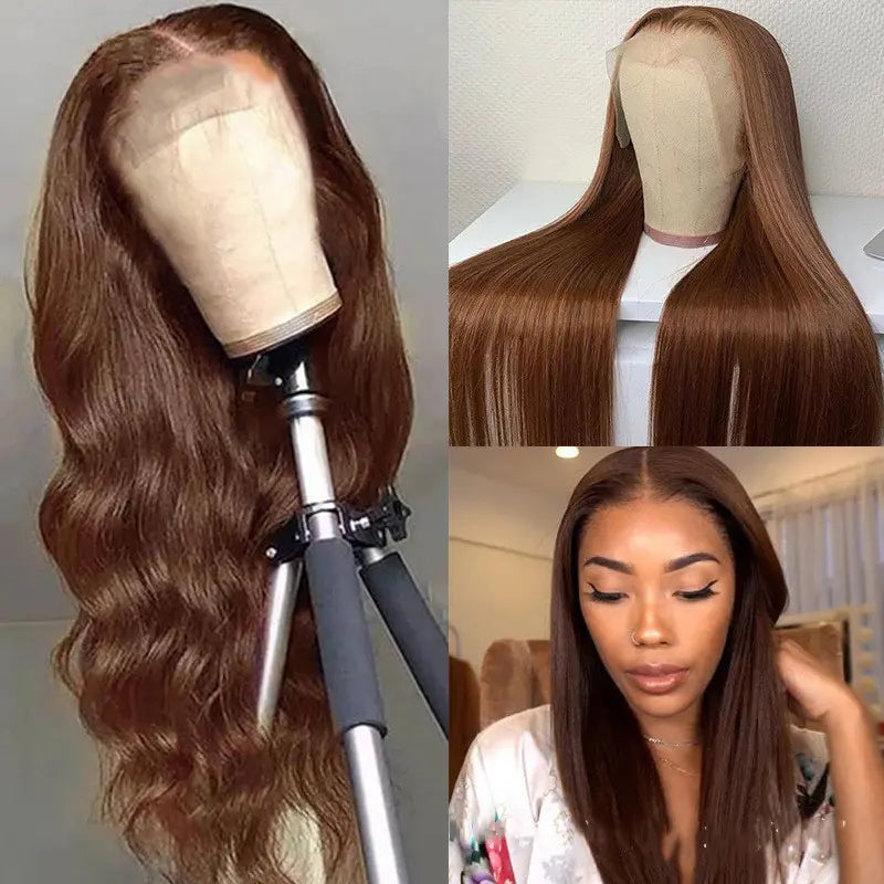Perruques de cheveux humains en dentelle frontale 13x4, cheveux raides et ondulés, brun chocolat