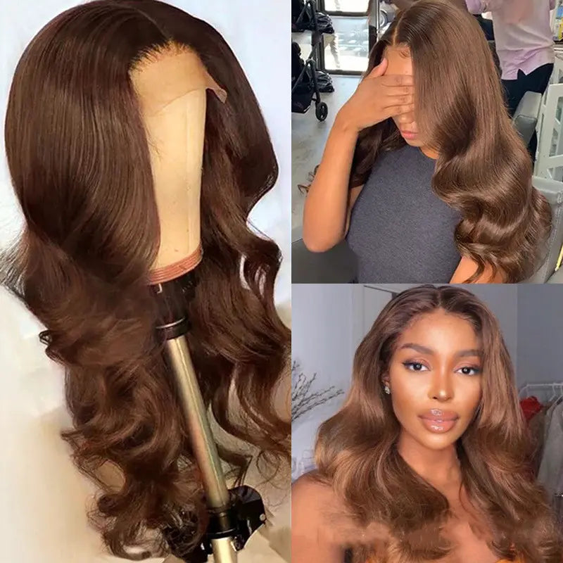 Perruques de cheveux humains en dentelle frontale 13x4, cheveux raides et ondulés, brun chocolat
