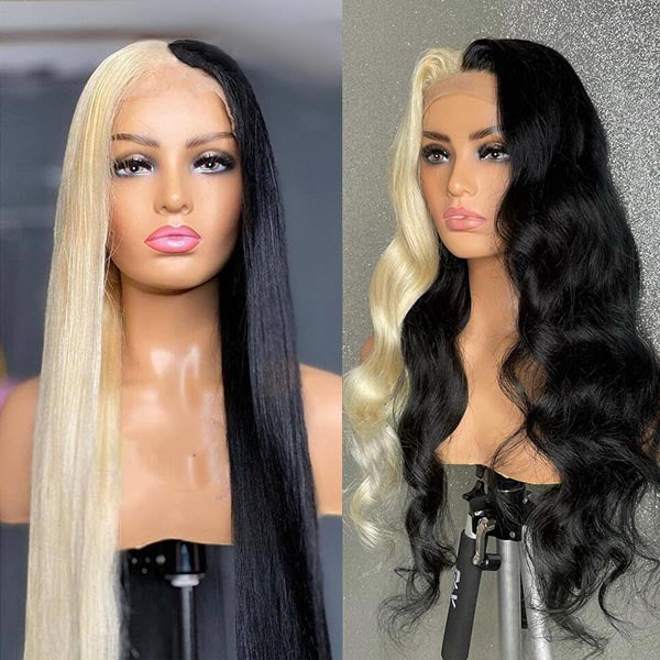 Cruella Half Blonde Half Black Wig, 13x4 HD Lace Human Hair Wigs