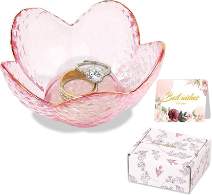 Pink Flower Jewelry Dish Glass Ring Holder Dish Jewelry Tray Cute Vanity Organizer
