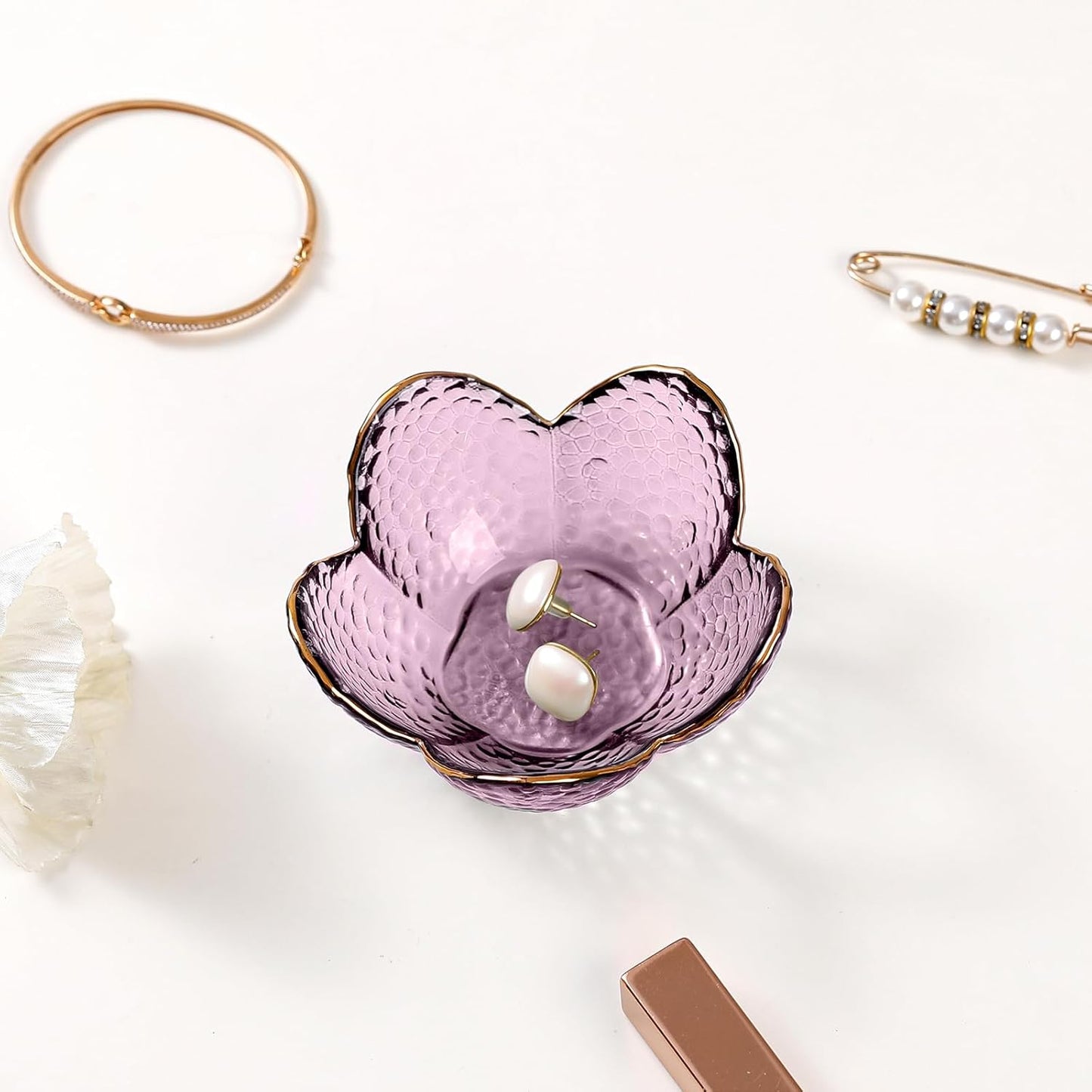 Purple Flower Jewelry Dish Glass Ring Holder Dish Jewelry Tray Cute Vanity Organizer