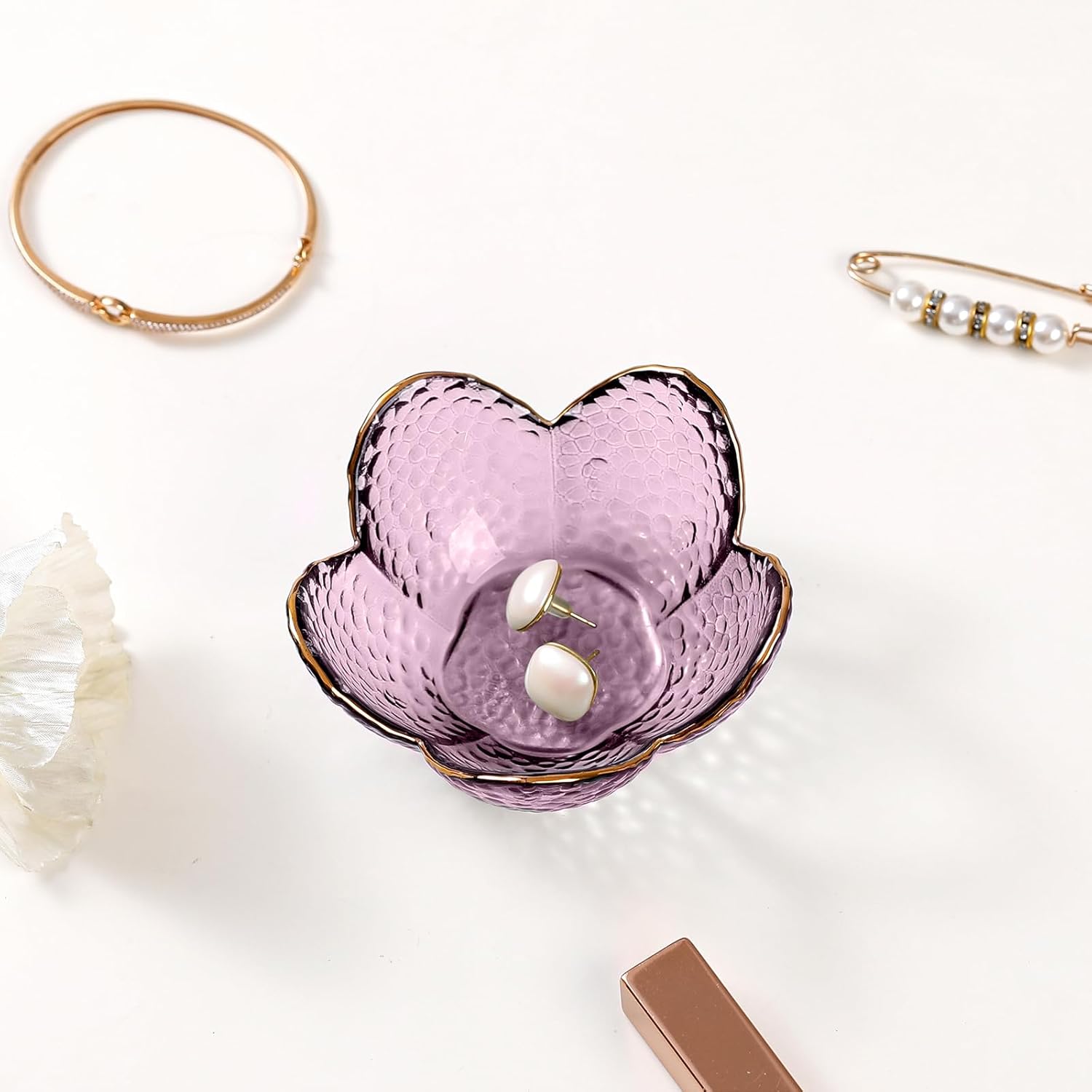 Purple Flower Jewelry Dish Glass Ring Holder Dish Jewelry Tray Cute Vanity Organizer