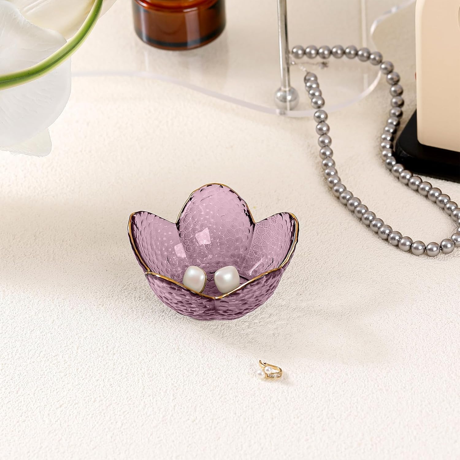 Purple Flower Jewelry Dish Glass Ring Holder Dish Jewelry Tray Cute Vanity Organizer