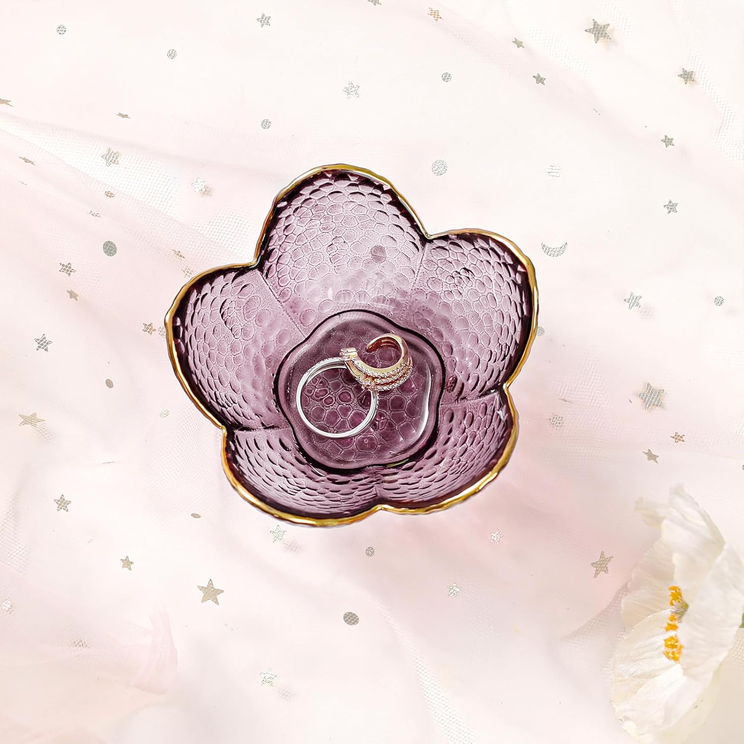 Purple Flower Jewelry Dish Glass Ring Holder Dish Jewelry Tray Cute Vanity Organizer